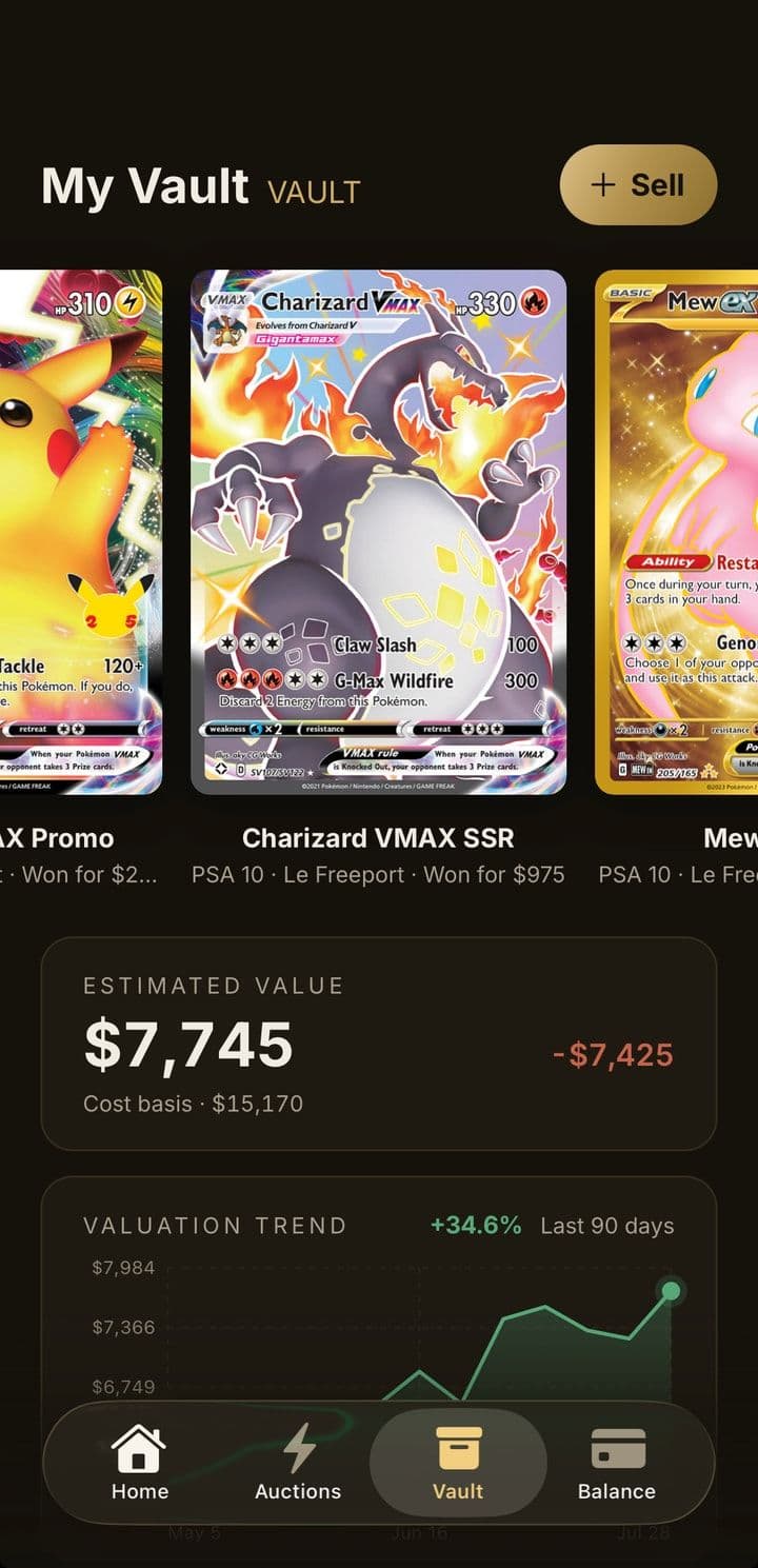 The Unikura vault screen: cards held in the vault, their estimated value and a 90-day valuation trend.