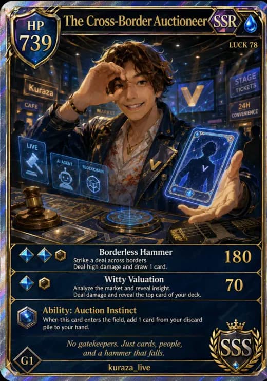 Sample generated card: an auctioneer over a holographic table, SSR, HP 739