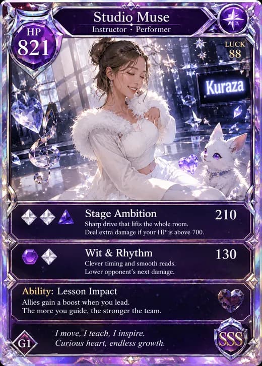 Sample generated card: a studio instructor in crystal light, HP 821